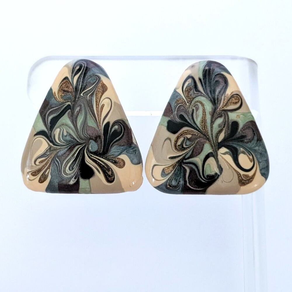 Vintage Clip On Earrings Enamel Triangle Statement Cream & Green Tones